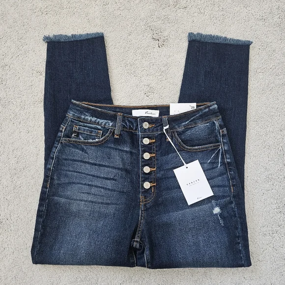 NWT KanCan | Button Fly Dark Wash Denim Jeans Fray Distressed, Womens 9 / 28 - Picture 3 of 5